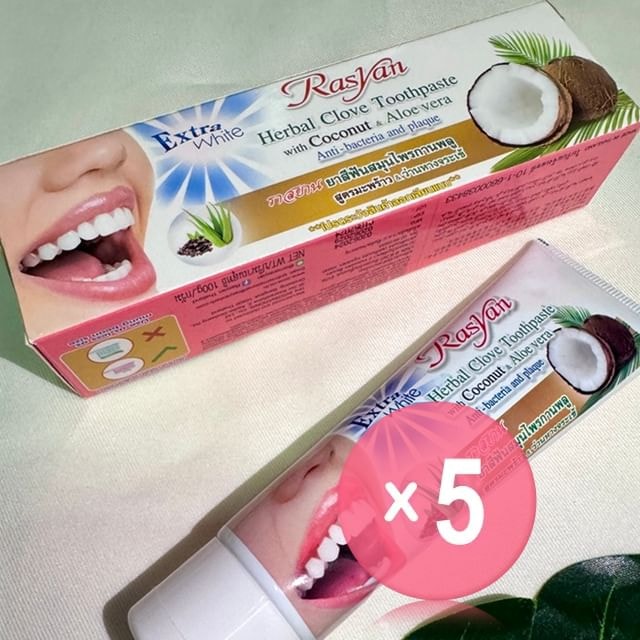 Rasyan - Extra White Herbal Clove Toothpaste with Coconut & Aloe Vera 5pcs Bundle Set
