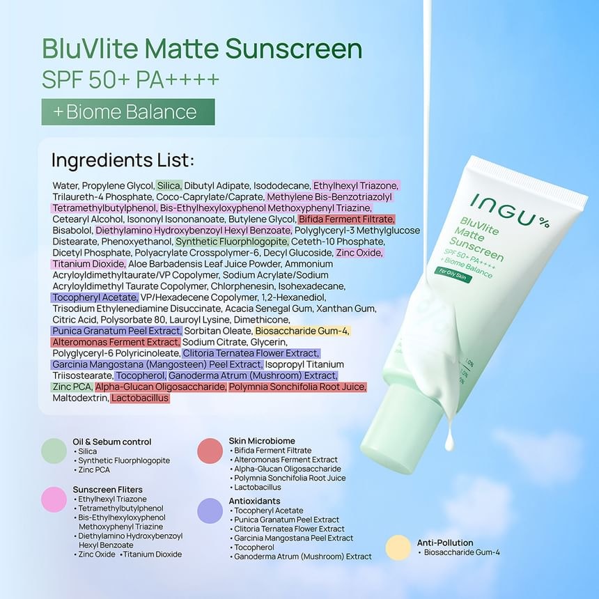 INGU - BluVlite Matte Sunscreen SPF50 PA++++ + Biome Balance (50g)
