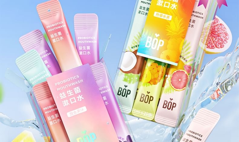 BOP - Fruity Probiotics Freshen Mouthwash - 4 Types 2pcs Bundle Set (Mixed Tropical Fruit - (11ml x 20pcs)