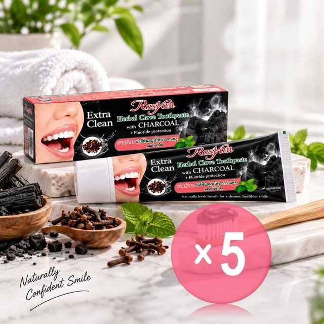 Rasyan - Herbal Clove Toothpaste with Charcoal Travel 5pcs Bundle Set