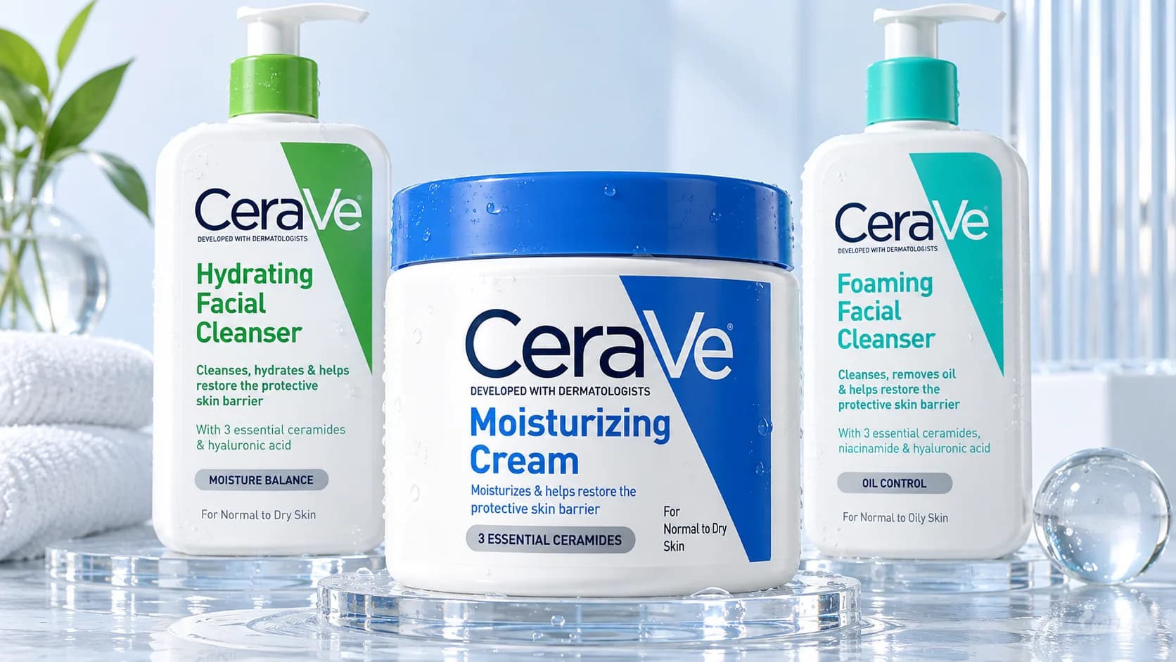 CeraVe Moisturizing Cream flanked by Hydrating and Foaming Cleansers on a soft blue backdrop