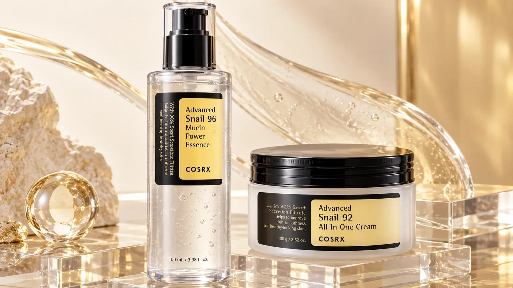 COSRX Snail 96 essence and Snail 92 cream against a golden backdrop