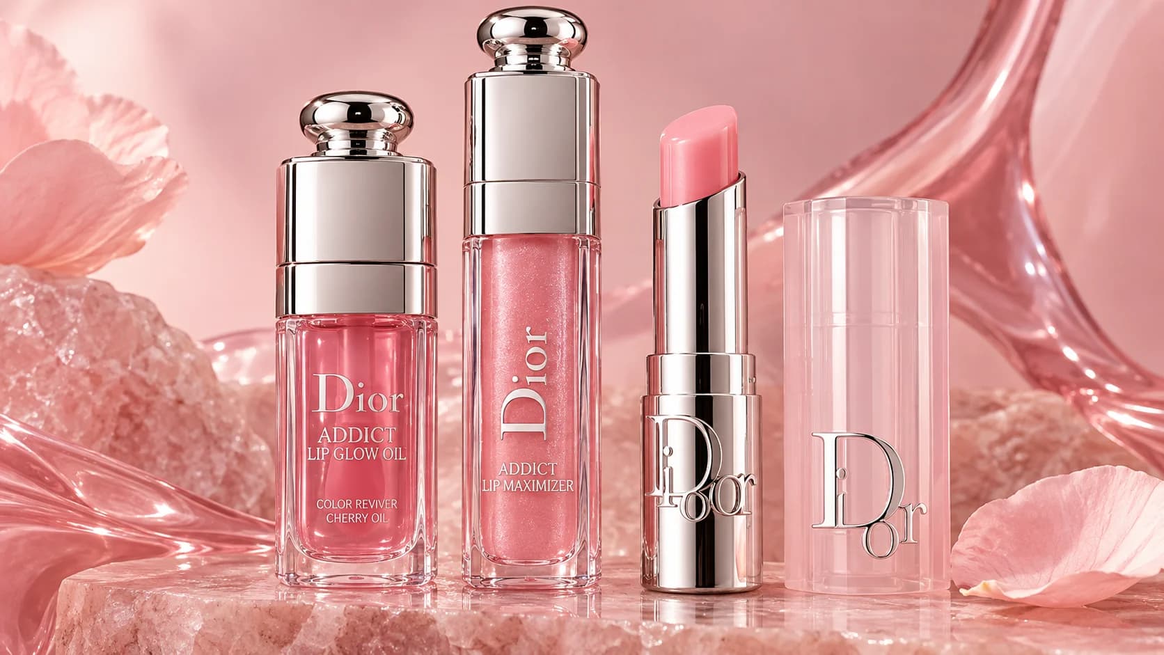 Dior Addict lip oil, maximizer and lip glow on pink marble