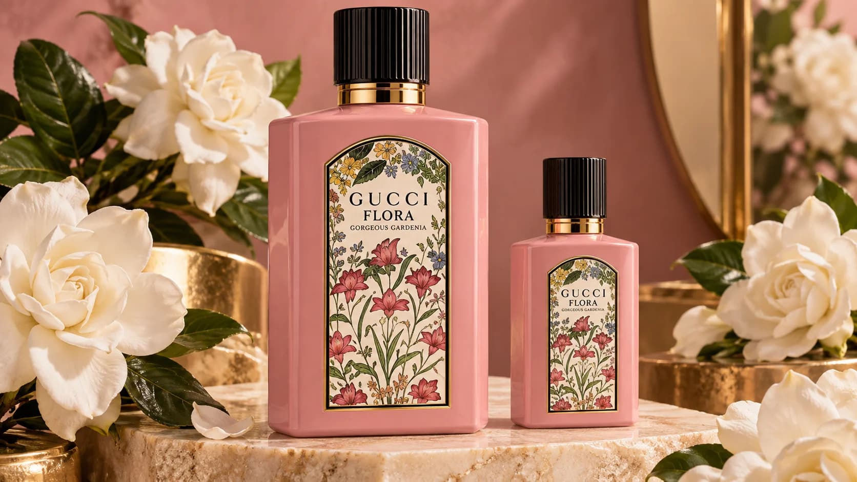 Gucci Flora Gorgeous Gardenia eau de parfum on a dusty rose backdrop