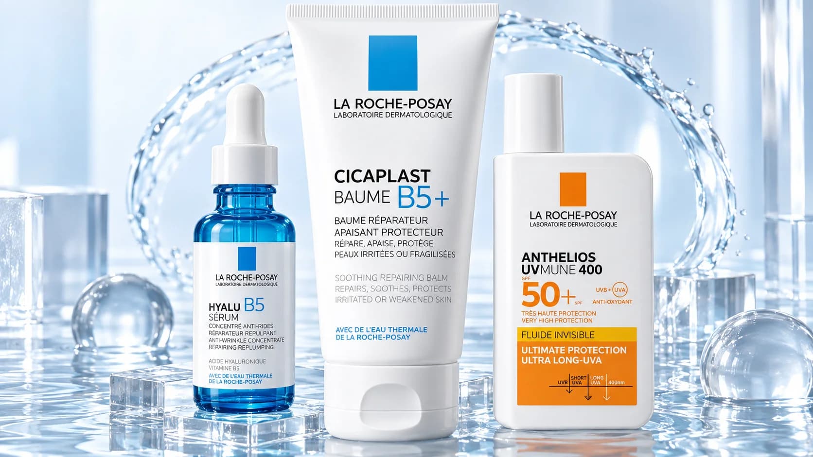 La Roche-Posay Cicaplast Baume, Anthelios sunscreen and Hyalu B5 serum on a clinical blue backdrop