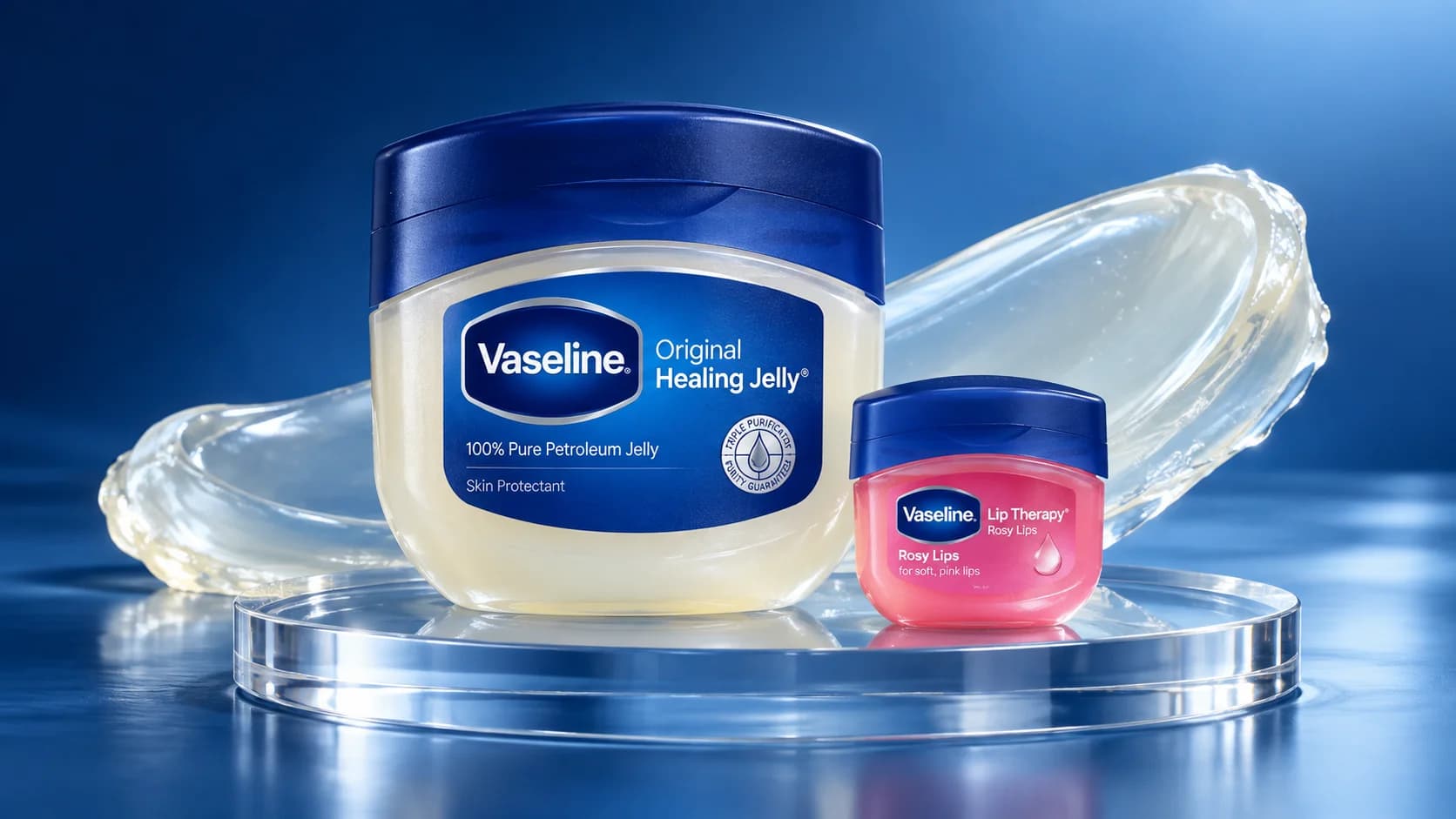 Vaseline Original Healing Jelly and Lip Therapy against a navy backdrop