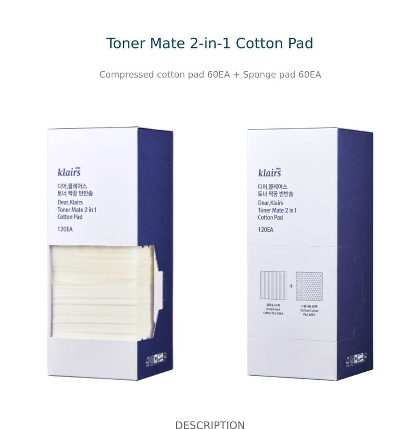Dear, Klairs - Toner Mate 2 in 1 Cotton Pad