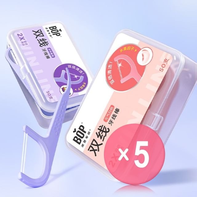 BOP - Disposable Plastic Stemmed Twin-Line Fresh Floss Stick - 2 Flavors 5pcs Bundle Set